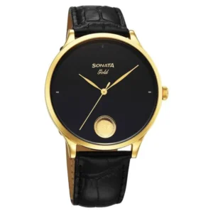 Sonata Gold Quartz Analog Watch for Men with Black Dial Leather Strap