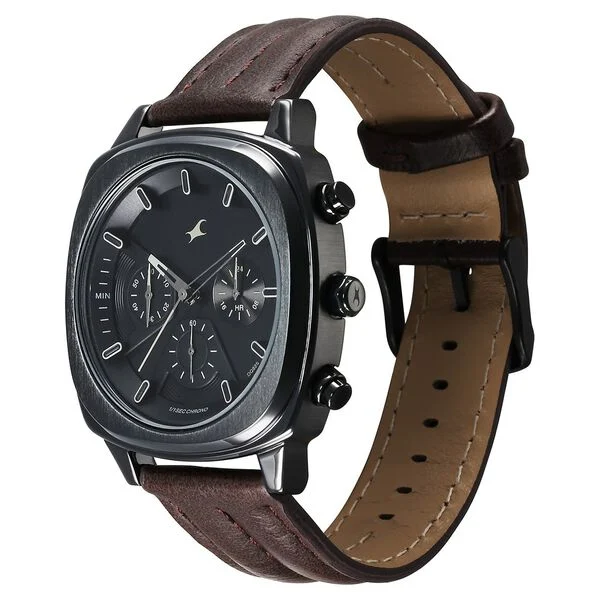 Kronos Chronograph Black Dial Brown Leather Strap Watch For Guys - Image 3