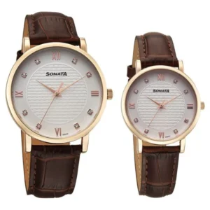 Sonata Perfect Pairs Quartz Analog White Dial Brown Leather Strap Watch For Couple