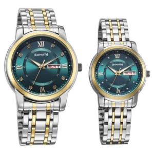 Sonata Perfect Pairs Quartz Analog Teal Dial Two Toned Metal Strap Watch For Couple